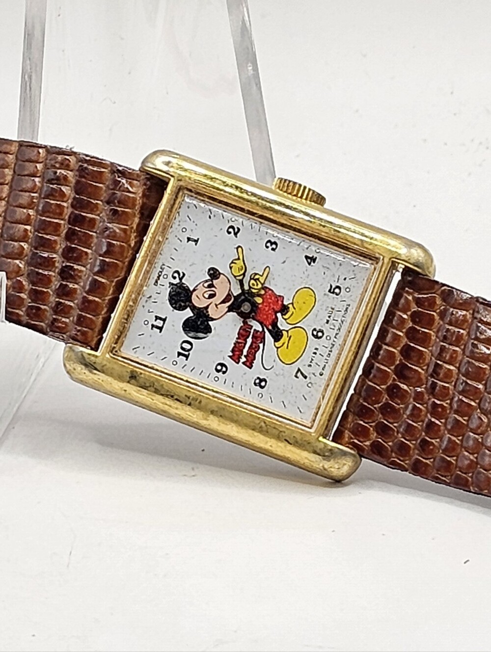Rare Bradley Mickey Mouse Gold Rectangular 015S Swiss Made Wristwatch Running